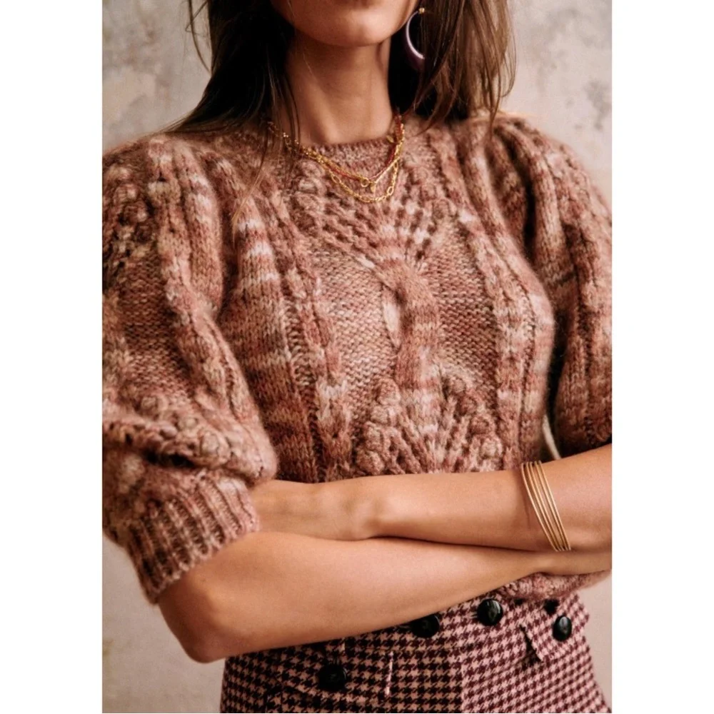SEZANE Red Mohair Wool Cable Knit Short 3/4 Puff Sleeve Sweater Giulia Jumper XS - Picture 3 of 12